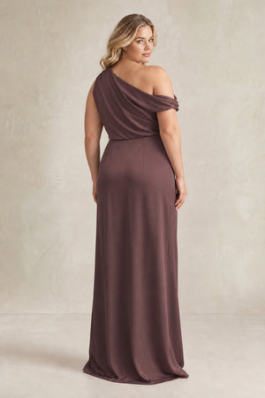 Espresso One-Shoulder Satin Sheath Bridesmaid Dress With Slit (2) [sizeplus] | KISSBRIDAL