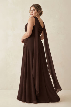 Espresso One-Shoulder Sheath Chiffon Bridesmaid Dress with Ribbon (2) [sizeplus] | KISSBRIDAL