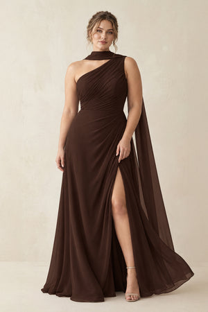 Espresso One-Shoulder Sheath Chiffon Bridesmaid Dress with Ribbon [sizeplus] | KISSBRIDAL