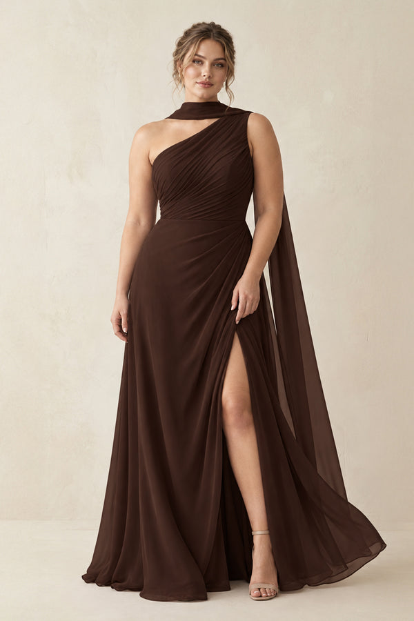 Espresso One-Shoulder Sheath Chiffon Bridesmaid Dress with Ribbon [sizeplus] | KISSBRIDAL
