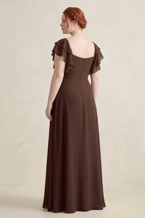 Espresso Ruffled Sleeves A-Line Chiffon Bridesmaid Dress (2) [sizeplus] | KISSBRIDAL