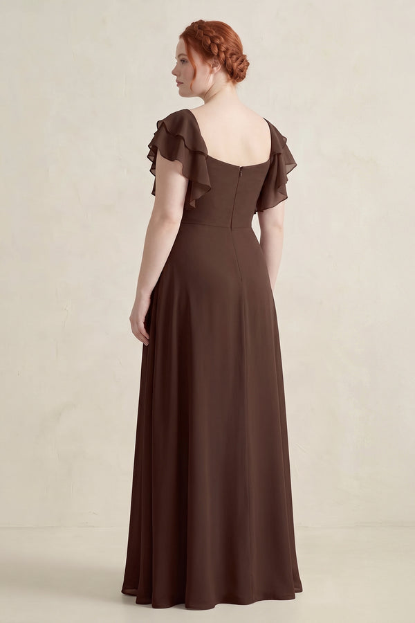 Espresso Ruffled Sleeves A-Line Chiffon Bridesmaid Dress (2) [sizeplus] | KISSBRIDAL