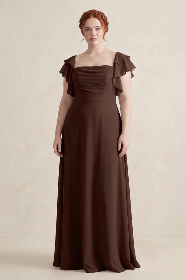 Espresso Ruffled Sleeves A-Line Chiffon Bridesmaid Dress [sizeplus] | KISSBRIDAL