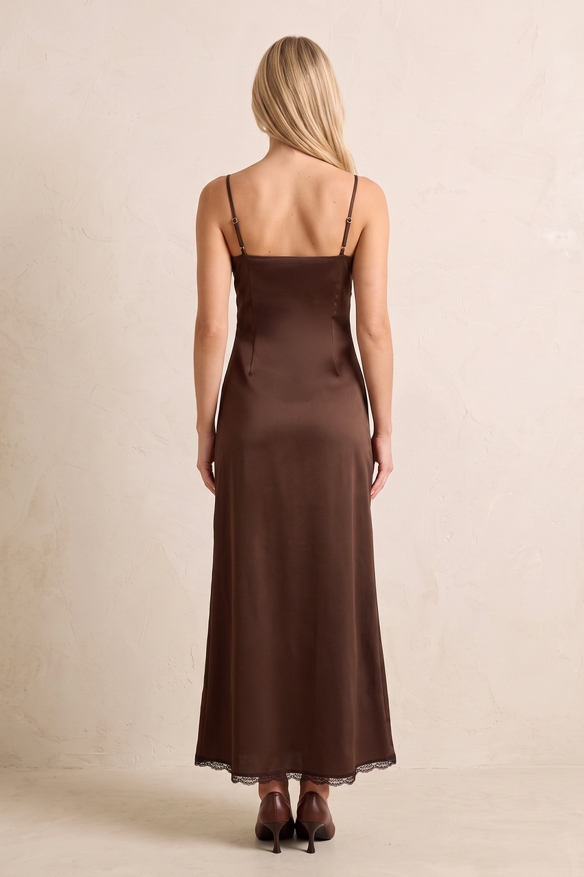 Espresso Satin Sheath Spaghetti Straps Wedding Guest Dress