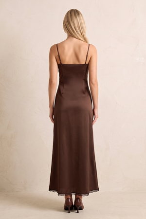 Espresso Satin Sheath Spaghetti Straps Wedding Guest Dress (2) | KISSBRIDAL