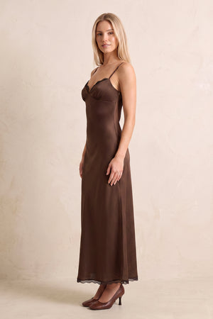 Espresso Satin Sheath Spaghetti Straps Wedding Guest Dress (3) | KISSBRIDAL