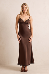 Espresso Satin Sheath Spaghetti Straps Wedding Guest Dress | KISSBRIDAL