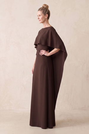 Espresso Sheath Chiffon Cape Sleeves Mother of the Bride Dress (3) | KISSBRIDAL