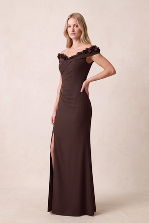 Espresso Sheath Off-the-Shoulder Chiffon Mother of the Bride Dress With 3D Flowers (2) | KISSBRIDAL