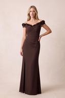 Espresso Sheath Off-the-Shoulder Chiffon Mother of the Bride Dress With 3D Flowers (3) | KISSBRIDAL