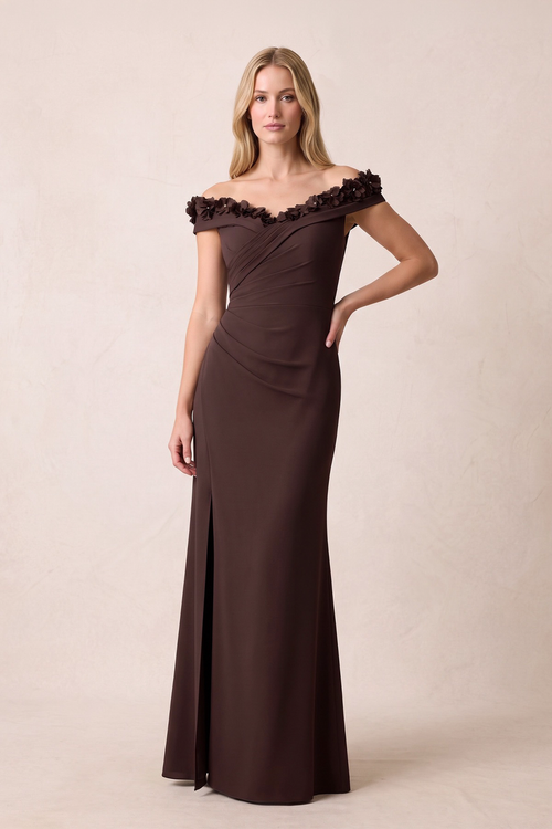 Espresso Sheath Off-the-Shoulder Chiffon Mother of the Bride Dress With 3D Flowers (3) | KISSBRIDAL