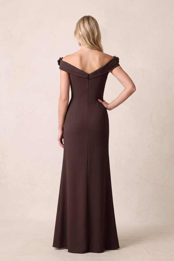 Espresso Sheath Off-the-Shoulder Chiffon Mother of the Bride Dress With 3D Flowers | KISSBRIDAL