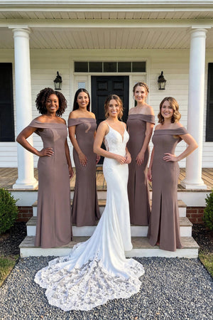 Espresso Sheath Off-the-Shoulder Satin Bridesmaid Dress With Slit | KISSBRIDAL