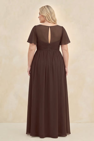 Espresso Short Sleeve Chiffon V-Neck A-Line Bridesmaid Dress (2) [sizeplus] | KISSBRIDAL