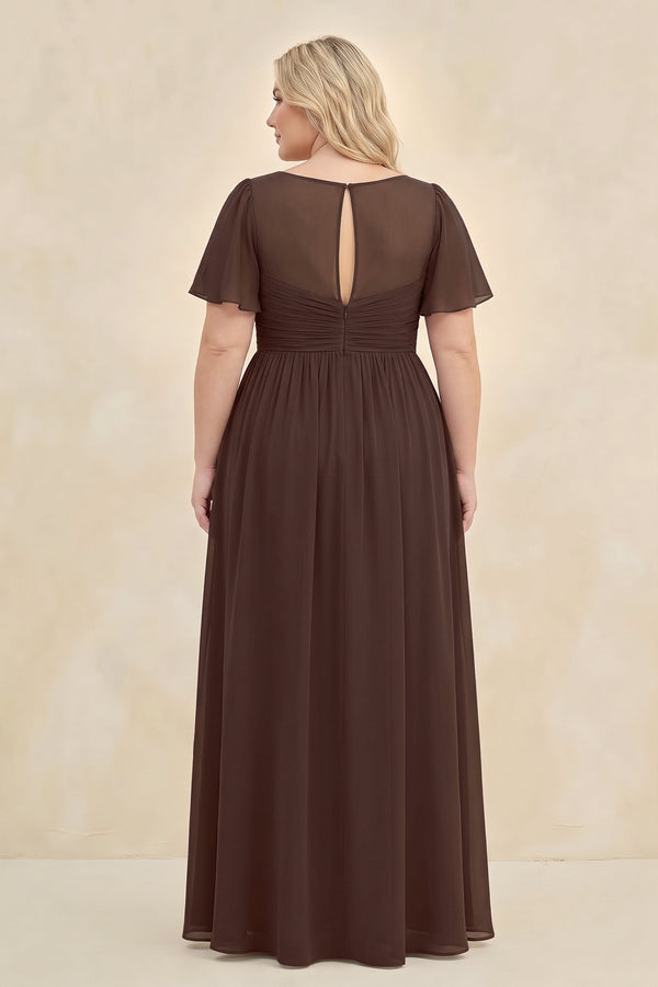 Espresso Short Sleeve Chiffon V-Neck A-Line Bridesmaid Dress (2) [sizeplus] | KISSBRIDAL