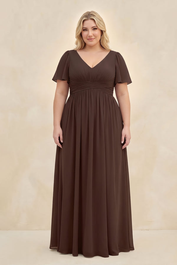 Espresso Short Sleeve Chiffon V-Neck A-Line Bridesmaid Dress [sizeplus] | KISSBRIDAL