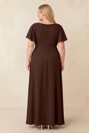 Espresso Short Sleeves Bateau A-Line Chiffon Bridesmaid Dress (2) [sizeplus] | KISSBRIDAL