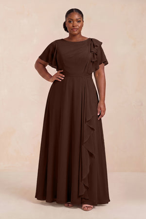 Espresso Short Sleeves Bateau A-Line Chiffon Bridesmaid Dress (3) [sizeplus] | KISSBRIDAL