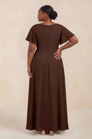 Espresso Short Sleeves Bateau A-Line Chiffon Bridesmaid Dress (4) [sizeplus] | KISSBRIDAL