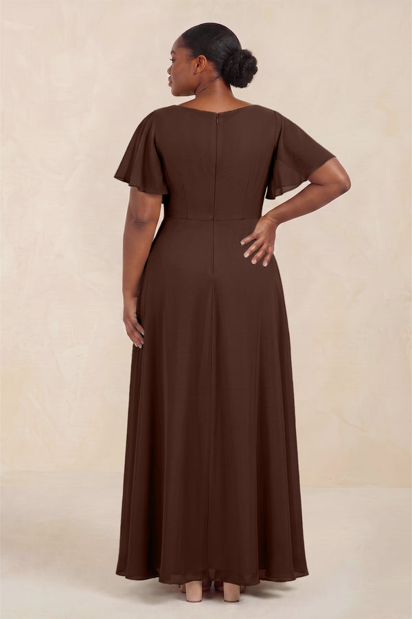 Espresso Short Sleeves Bateau A-Line Chiffon Bridesmaid Dress (4) [sizeplus] | KISSBRIDAL