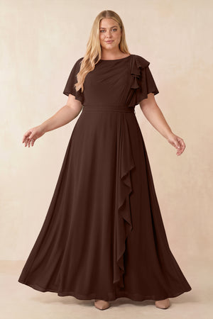 Espresso Short Sleeves Bateau A-Line Chiffon Bridesmaid Dress [sizeplus] | KISSBRIDAL