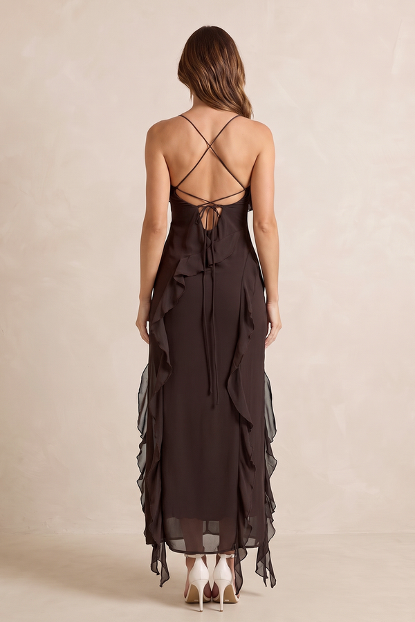 Espresso Spaghetti Straps Ruffled Sheath Chiffon Midi Wedding Guest Dress with Slit (2) | KISSBRIDAL