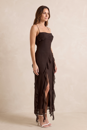 Espresso Spaghetti Straps Ruffled Sheath Chiffon Midi Wedding Guest Dress with Slit (3) | KISSBRIDAL