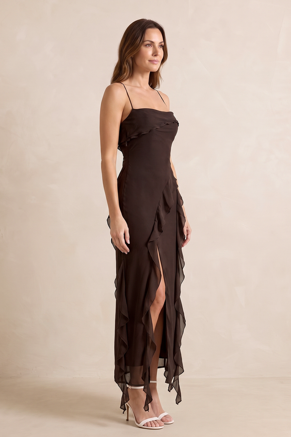 Espresso Spaghetti Straps Ruffled Sheath Chiffon Midi Wedding Guest Dress with Slit (3) | KISSBRIDAL