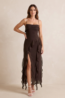 Espresso Spaghetti Straps Ruffled Sheath Chiffon Midi Wedding Guest Dress with Slit | KISSBRIDAL