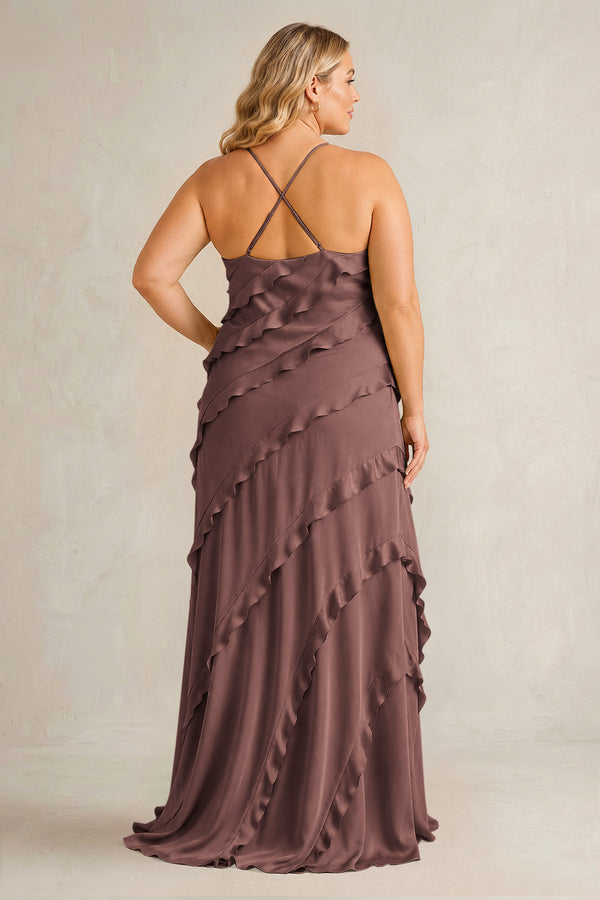 Espresso Spaghetti Straps Sheath Stain Ruffled Bridesmaid Dress (2) | KISSBRIDAL[sizeplus]