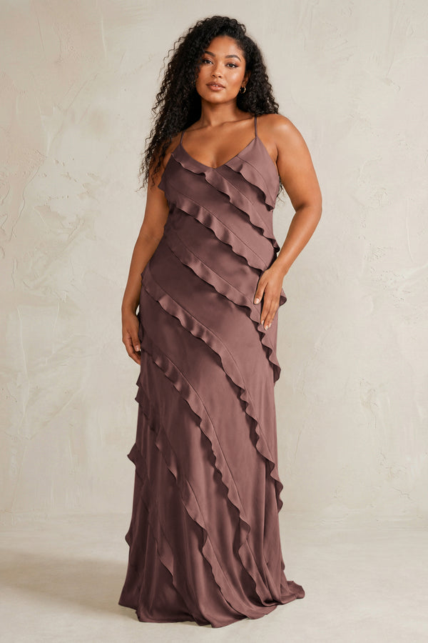 Espresso Spaghetti Straps Sheath Stain Ruffled Bridesmaid Dress (3) | KISSBRIDAL[sizeplus]