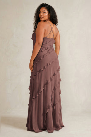 Espresso Spaghetti Straps Sheath Stain Ruffled Bridesmaid Dress (4) | KISSBRIDAL[sizeplus]