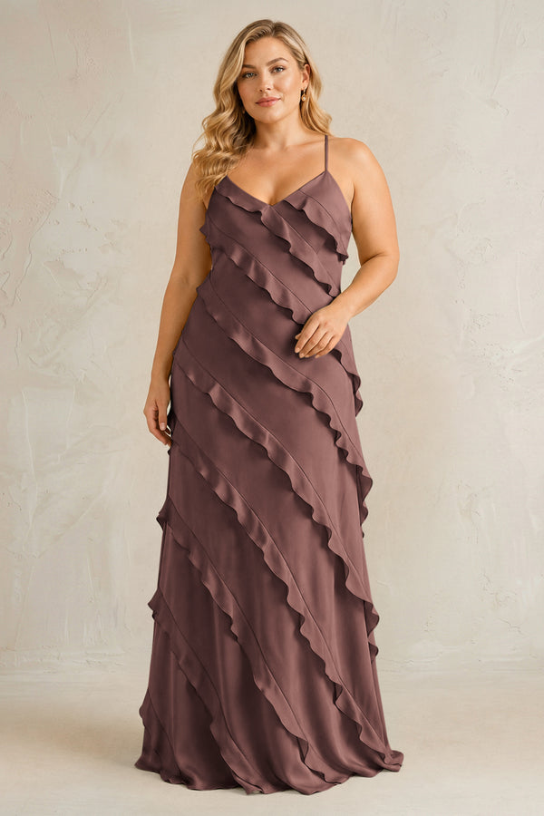Espresso Spaghetti Straps Sheath Stain Ruffled Bridesmaid Dress | KISSBRIDAL[sizeplus]