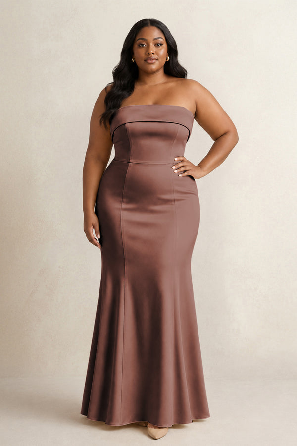 Espresso Strapless Satin Mermaid Bridesmaid Dress (3) [sizeplus] | KISSBRIDAL