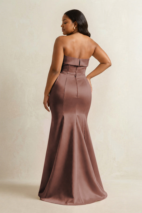 Espresso Strapless Satin Mermaid Bridesmaid Dress (4) [sizeplus] | KISSBRIDAL