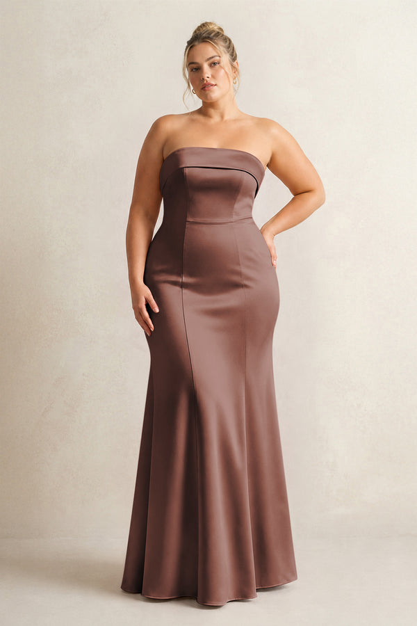 Espresso Strapless Satin Mermaid Bridesmaid Dress [sizeplus] | KISSBRIDAL