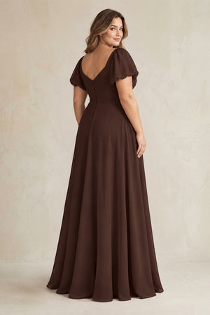 Espresso Sweetheart Puff Sleeve A-Line Chiffon Bridesmaid Dress (2) [sizeplus] | KISSBRIDAL