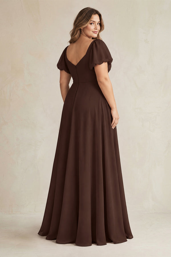Espresso Sweetheart Puff Sleeve A-Line Chiffon Bridesmaid Dress (2) [sizeplus] | KISSBRIDAL