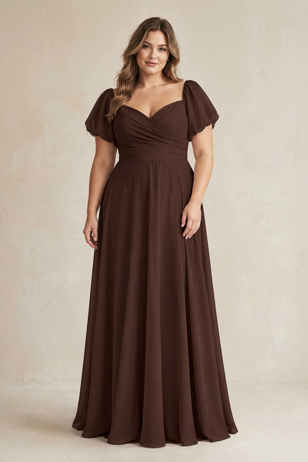 Espresso Sweetheart Puff Sleeve A-Line Chiffon Bridesmaid Dress [sizeplus] | KISSBRIDAL