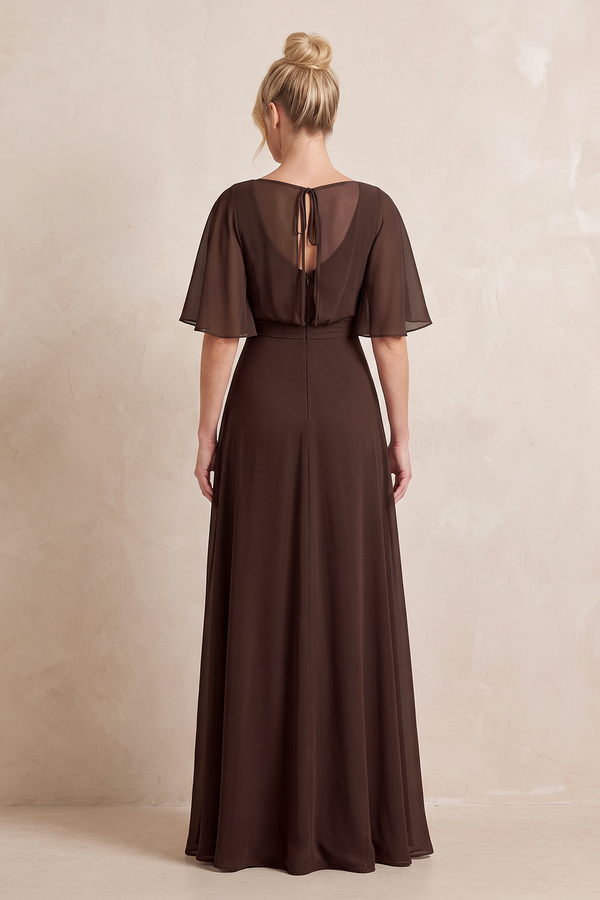 Espresso V-Neck Chiffon A-Line Mother of the Bride Dress With Cape Sleeves (2) | KISSBRIDAL