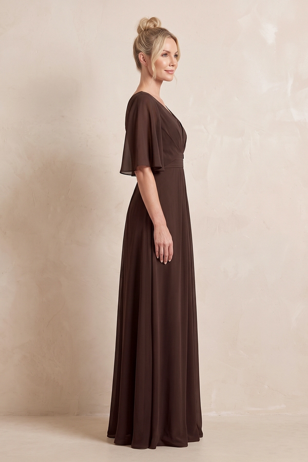 Espresso V-Neck Chiffon A-Line Mother of the Bride Dress With Cape Sleeves (3) | KISSBRIDAL