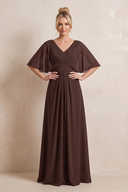 Espresso V-Neck Chiffon A-Line Mother of the Bride Dress With Cape Sleeves | KISSBRIDAL