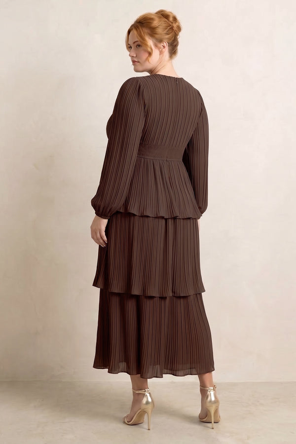 Espresso V-Neck Tiered A-Line Chiffon Midi Bridesmaid Dress (2) [sizeplus] | KISSBRIDAL