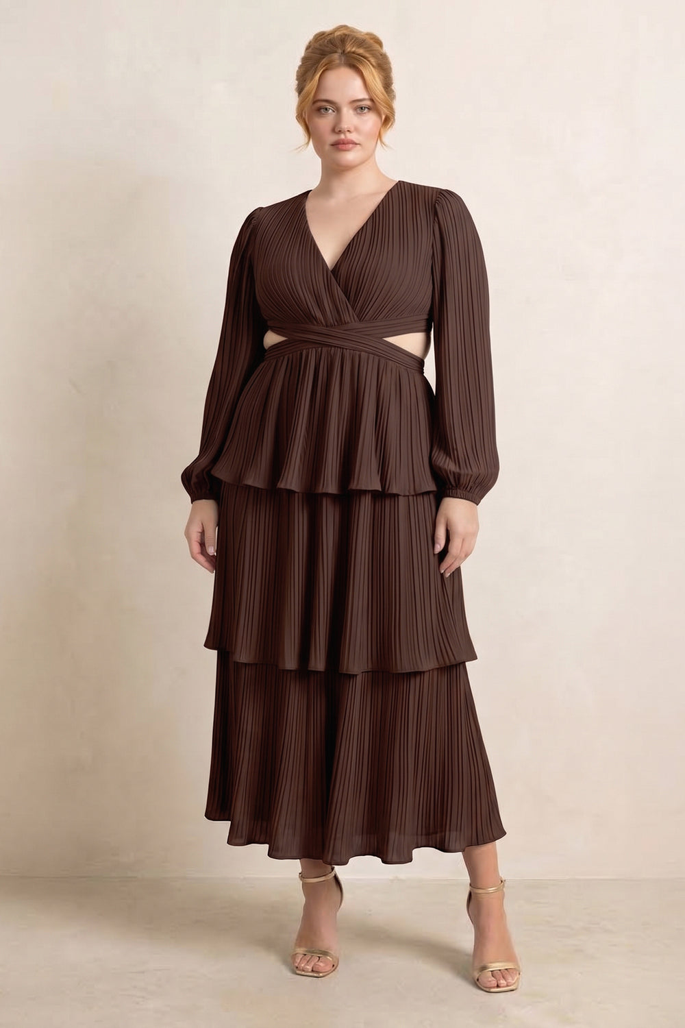 V-Neck Tiered A-Line Chiffon Midi Bridesmaid Dress in Espresso
