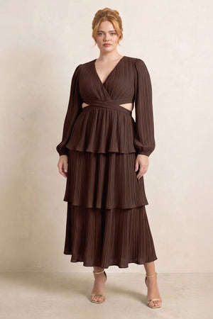 Espresso V-Neck Tiered A-Line Chiffon Midi Bridesmaid Dress [sizeplus] | KISSBRIDAL