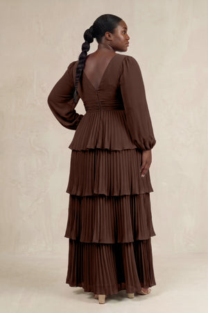 Espresso V-Neck Tiered A-Line Long Sleeve Bridesmaid Dress (2) [sizeplus] | KISSBRIDAL