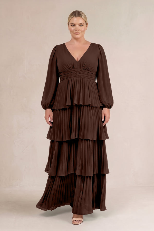 Espresso V-Neck Tiered A-Line Long Sleeve Bridesmaid Dress (3) [sizeplus] | KISSBRIDAL