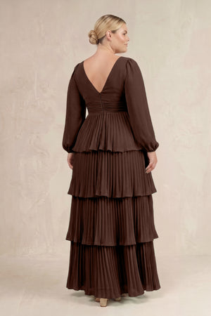 Espresso V-Neck Tiered A-Line Long Sleeve Bridesmaid Dress (4) [sizeplus] | KISSBRIDAL