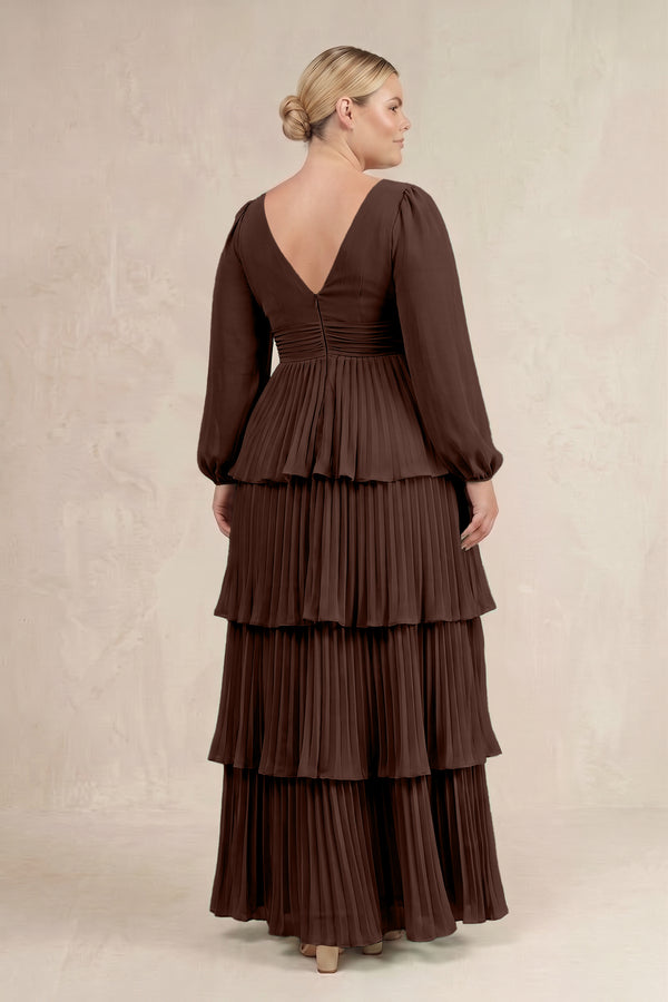 Espresso V-Neck Tiered A-Line Long Sleeve Bridesmaid Dress (4) [sizeplus] | KISSBRIDAL