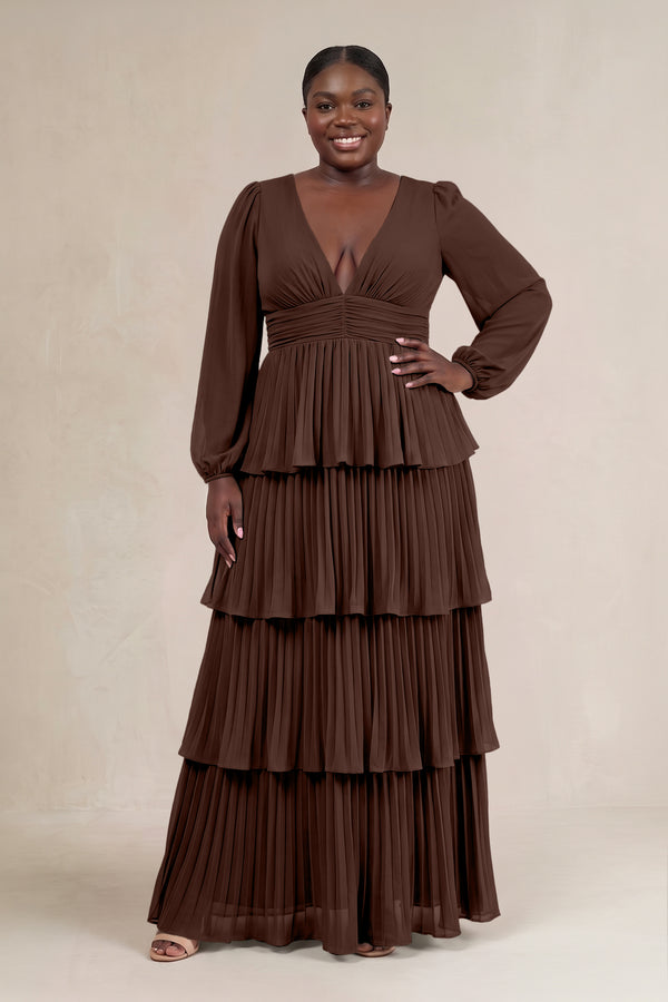 Espresso V-Neck Tiered A-Line Long Sleeve Bridesmaid Dress [sizeplus] | KISSBRIDAL